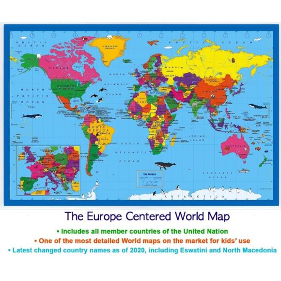 2 Sided Desk Map with Durable Lamination US & Europe Centered World (2-PACK) - Picture 2 of 4